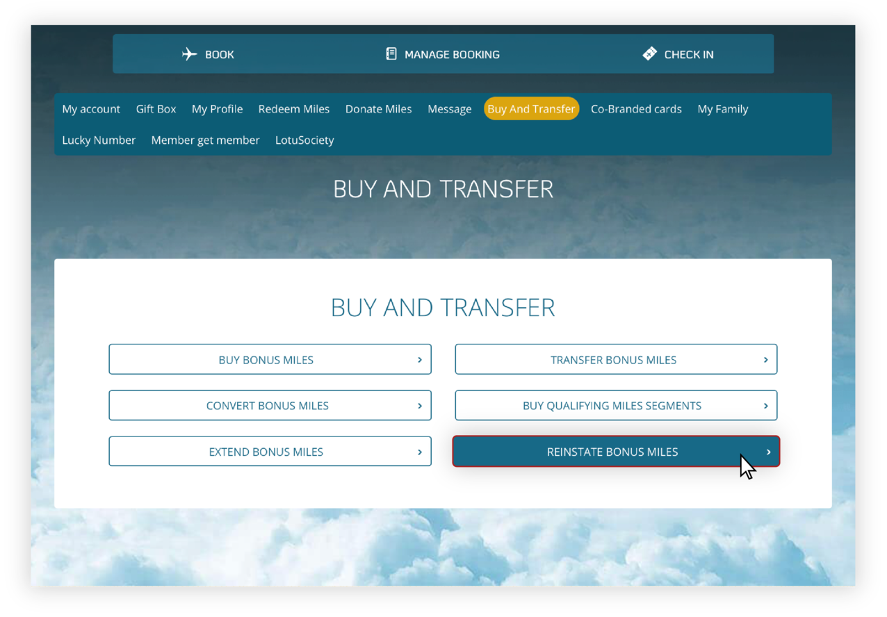 Guide pour le rétablissement de miles bonus sur le site internet 3.