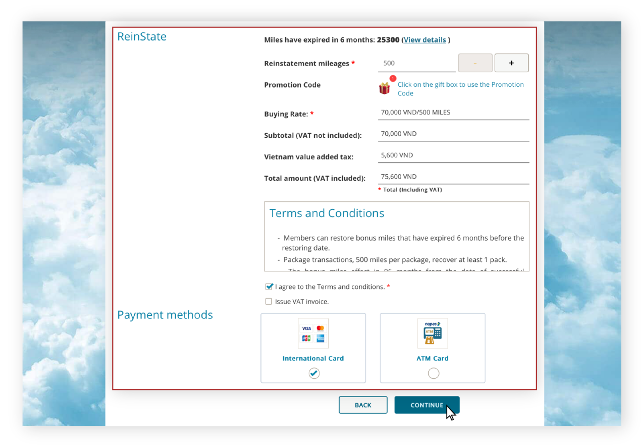 Guide pour le rétablissement de miles bonus sur le site internet 4.
