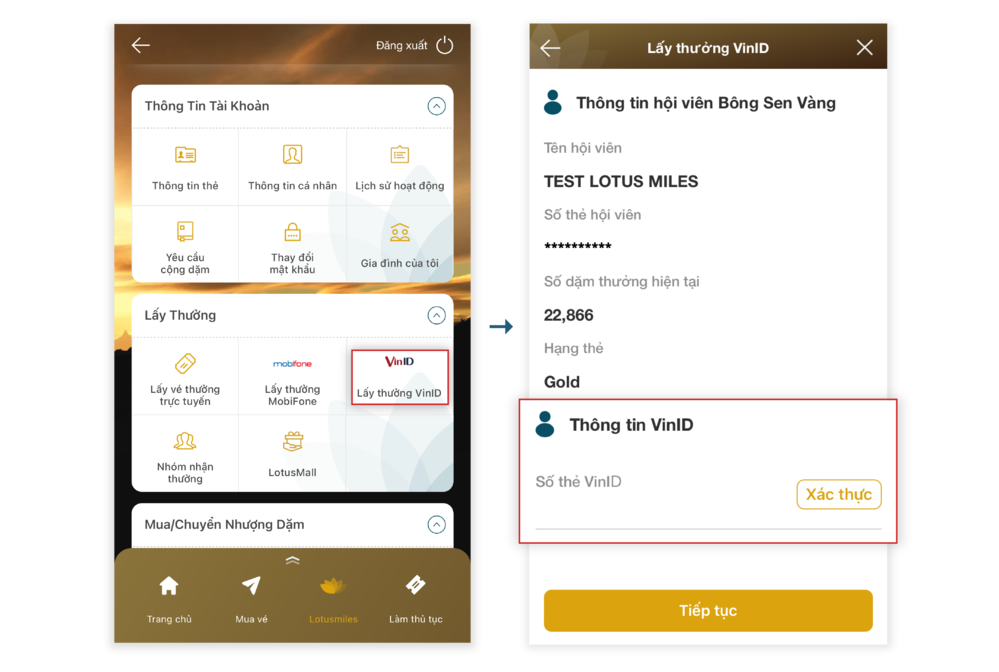 Đổi dặm điểm VinID trên app VNA 2.