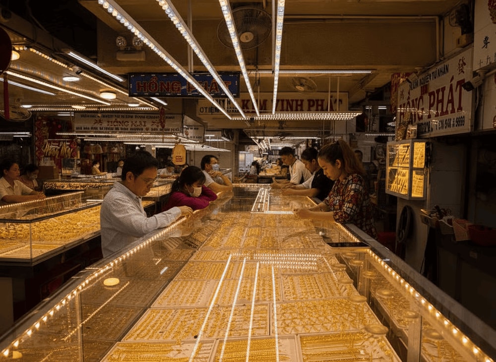 Jewelry stalls at the basement level displaying gold rings and silver necklaces