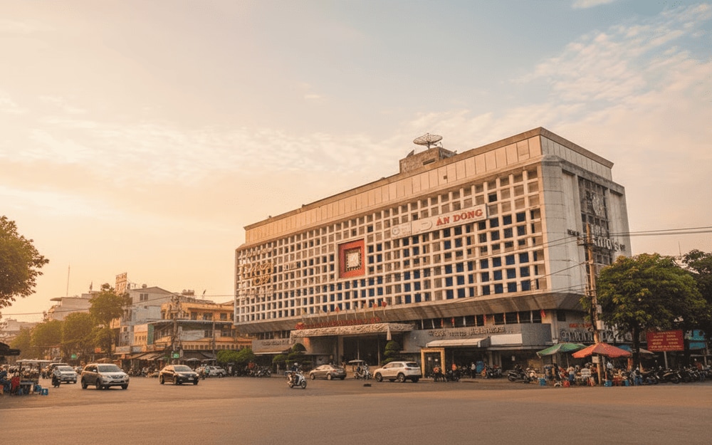 The market in soft morning light, less crowded but full of life