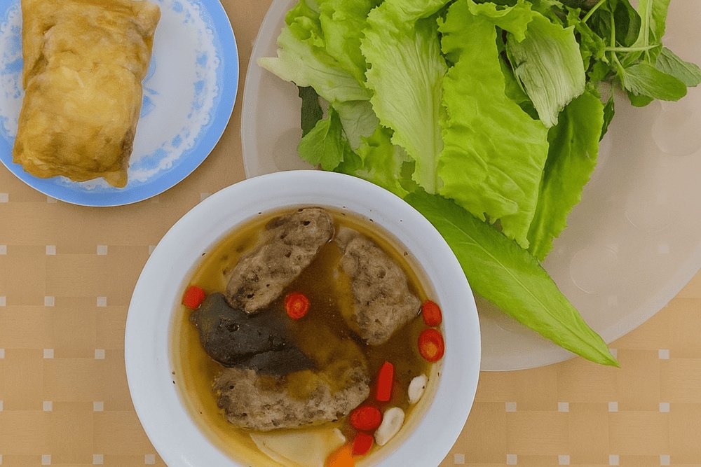 Nem Cua Be is a crispy, fried spring roll filled with a savory mixture of fresh crab meat and aromatic herbs, creating a perfect balance of flavors