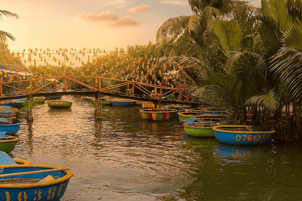 Tourists are enjoying activities such as riding in basket boats and listening to stories about the history and daily life of the local people