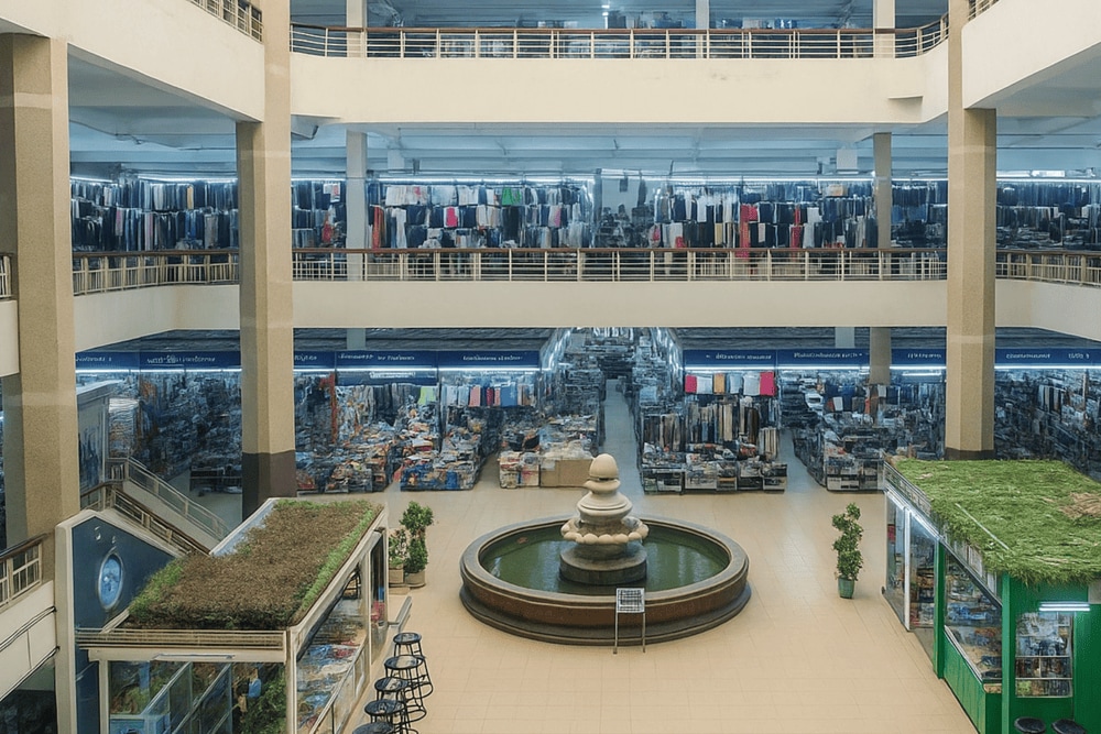 During the daytime, inside Dong Xuan Market are three floors of the market, with elevators and stairs moving between floors