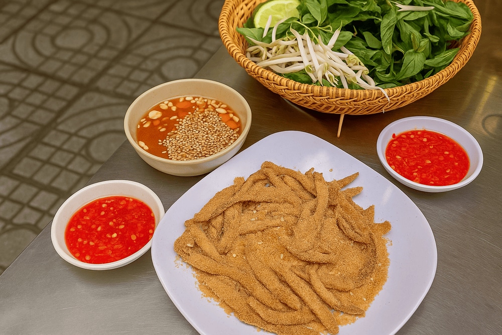 Dry fish salad wrapped in soft rice paper, blending fresh fish, herbs, and crisp bean sprouts, dipped in rich fish sauce (Source: Internet)