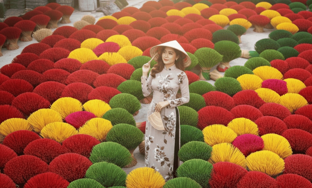 Quang Phu Cau Incense Village is a unique attraction, mesmerizing visitors with its vibrant incense-drying fields
