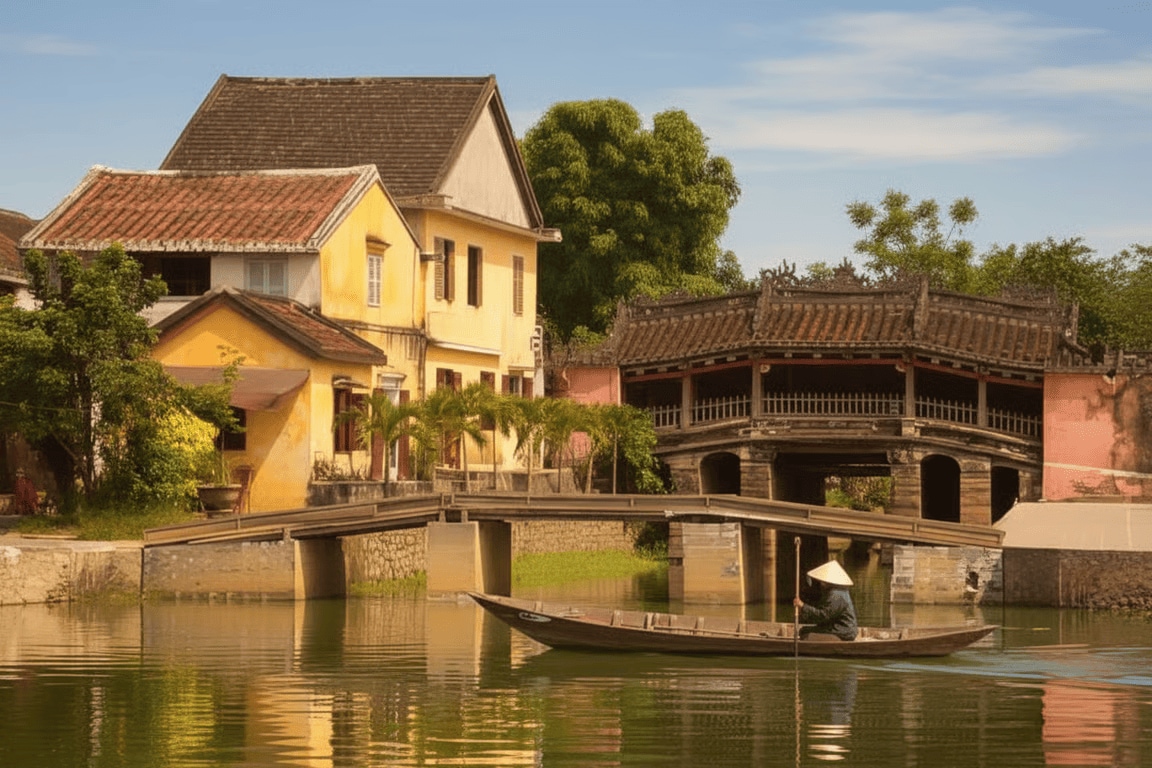 A boat ride along the Hoai River offers visitors a completely different perspective of the ancient bridge