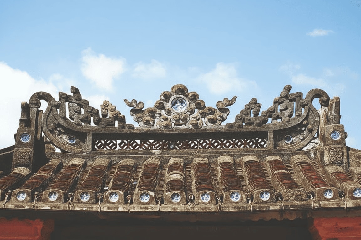 The curved roof, a hallmark of traditional Vietnamese architecture, is covered with yin-yang tiles