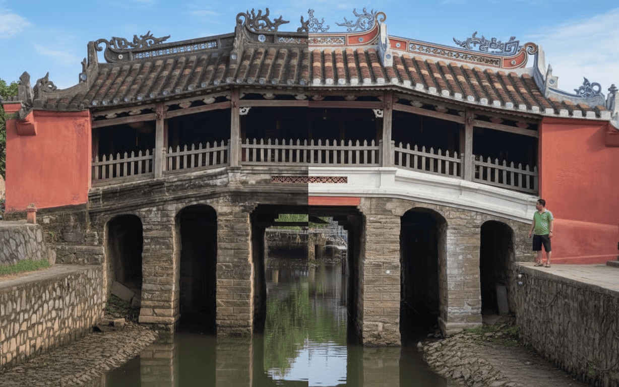 The old Japanese Bridge (left) and the construction after 2023’s renovation (right)