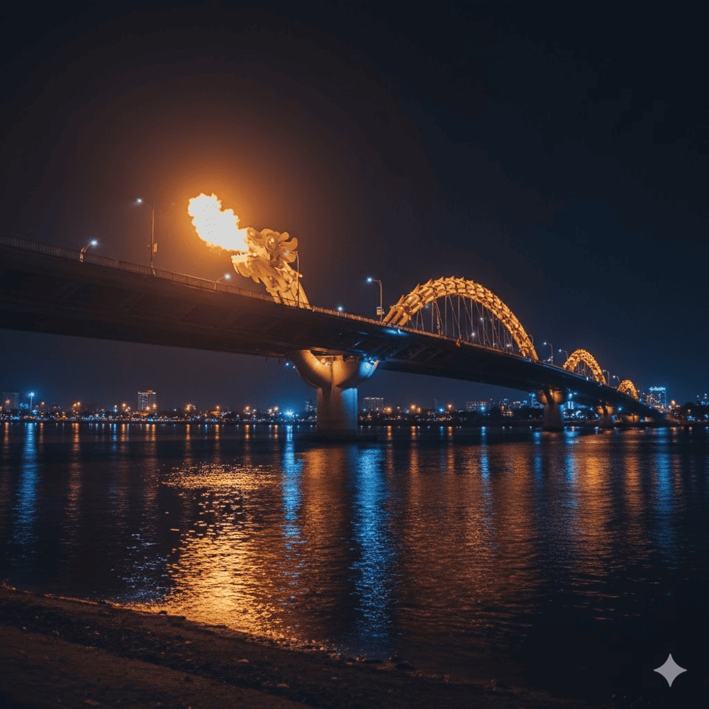 The Dragon Bridge in Da Nang, Vietnam, lights up the night as its golden dragon breathes fire, creating a mesmerizing spectacle over the Han River