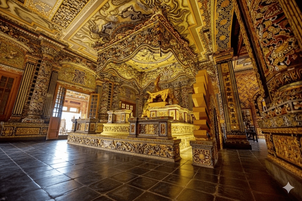 Ascending further, visitors reach the Thien Dinh Palace, the centerpiece of the mausoleum