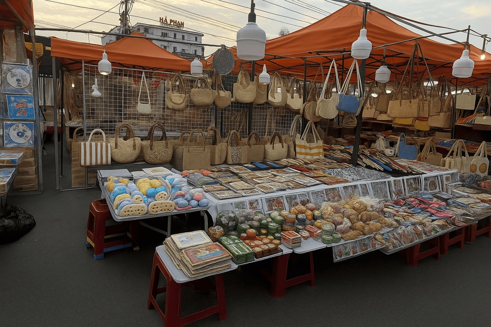 A shop selling handmade woven bags, souvenirs, small toys, beauty products, and local handicrafts