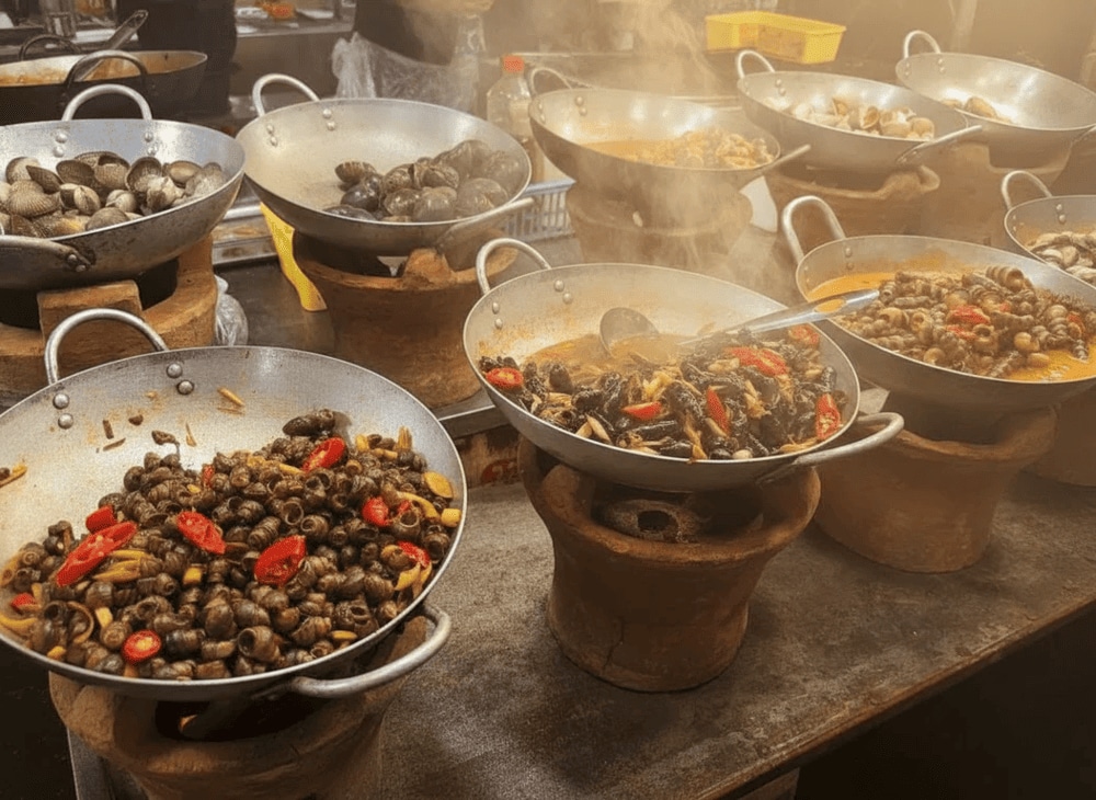 A variety of snails prepared in different ways, from stir-fried with lemongrass and chili to simmered in coconut sauce