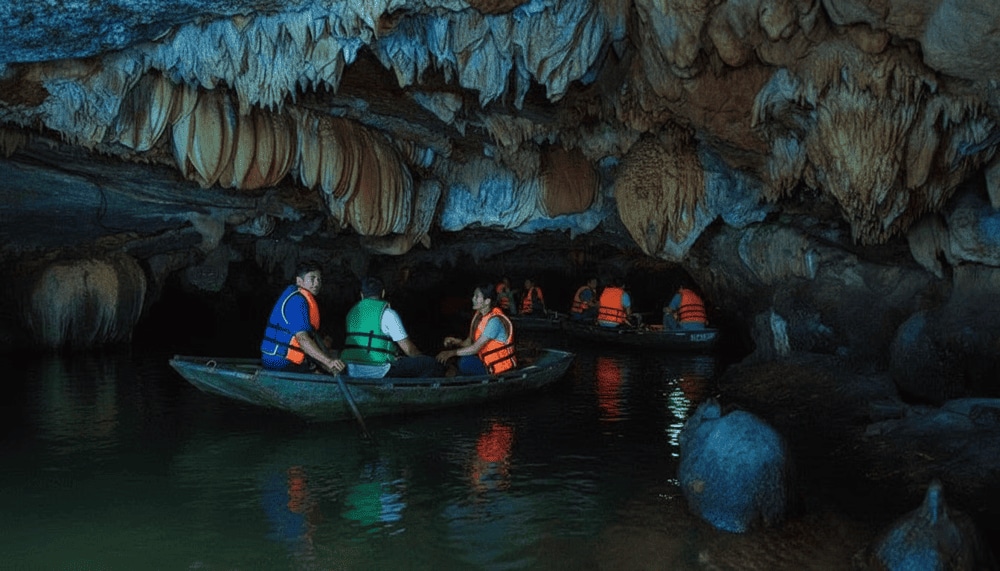 The stalactites hang from the cave ceiling, resembling frozen waterfalls sculpted by time and nature