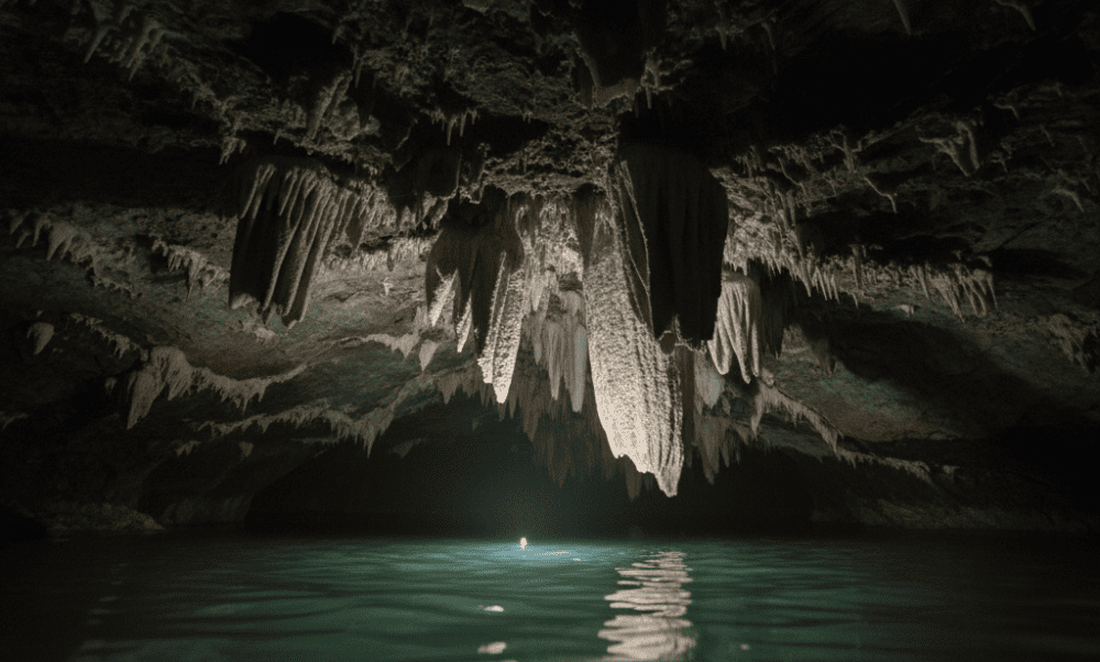 The water-drop-shaped stalactites enhance the space's mysterious and captivating atmosphere