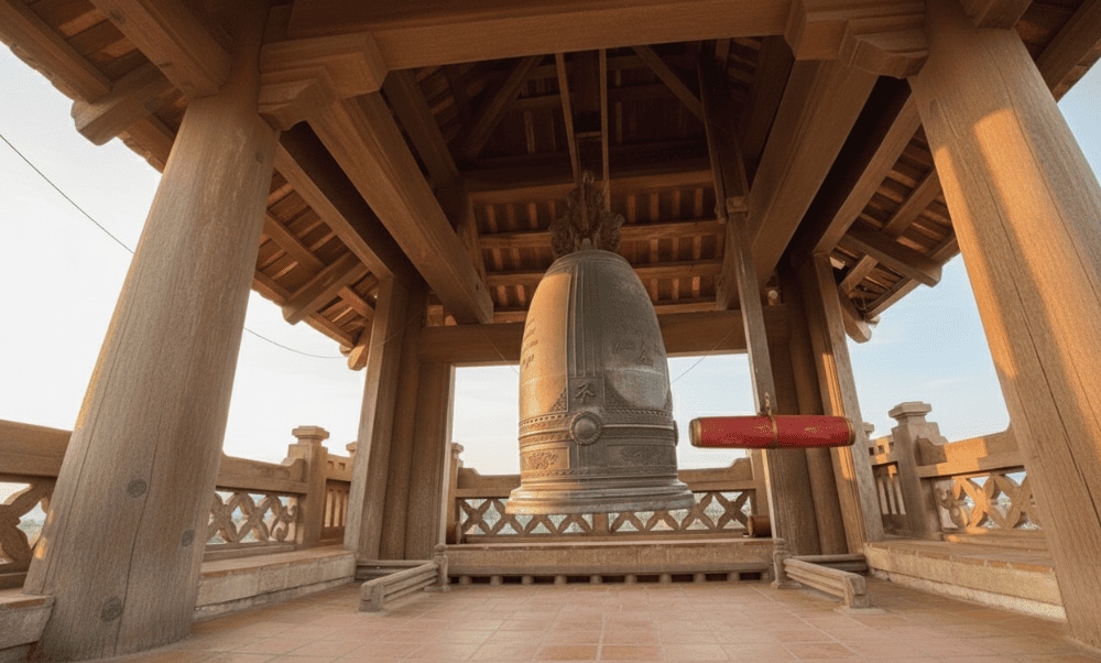The 2-ton bronze bell features intricate carvings, symbolizing the fusion of Gothic architecture and Vietnamese culture