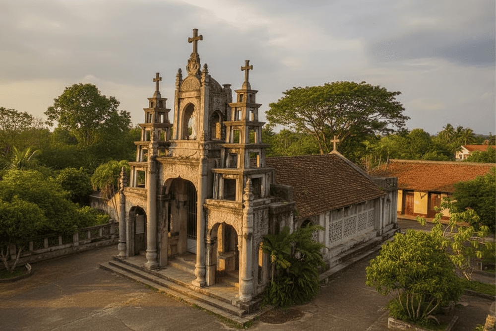 The Church of the Sacred Heart of Mary, made entirely of stone, features a gilded sanctuary with intricate carvings, creating a peaceful atmosphere