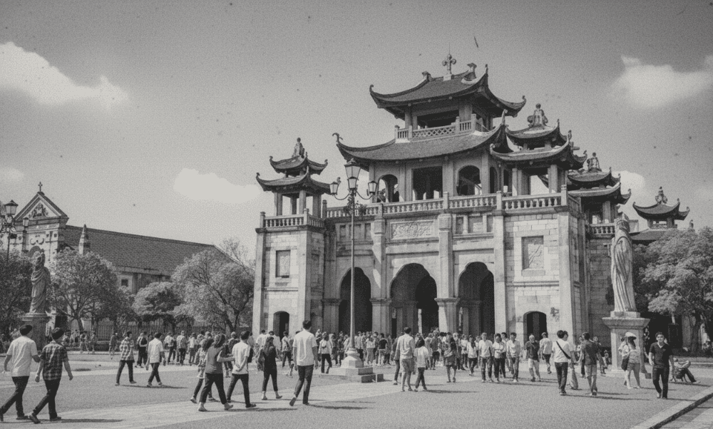 The main church was inaugurated in 1891 under the title of Our Lady of the Rosary, becoming a major pilgrimage site in Ninh Binh