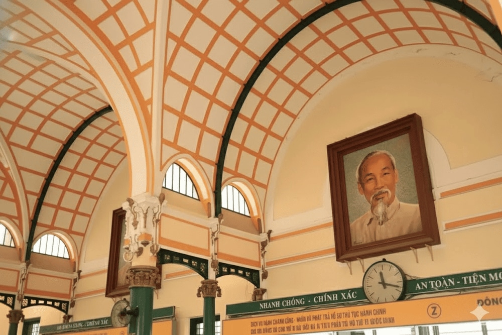 The large portrait of President Ho Chi Minh, displayed prominently in the central hall above the main counter
