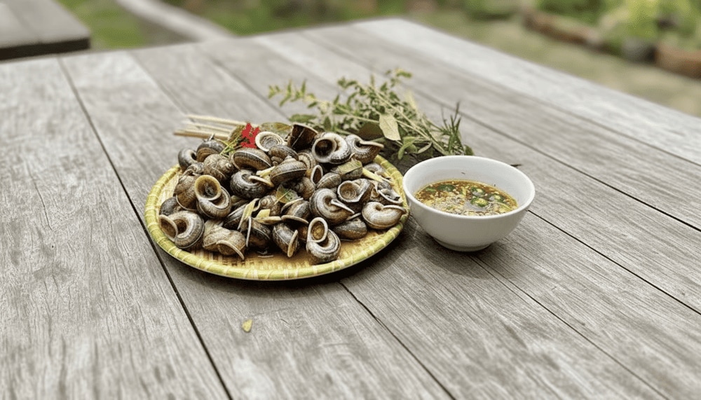 Mountain snails, found in limestone crevices, have a sweet and crunchy taste, often steamed with lemongrass or stir-fried with herbs