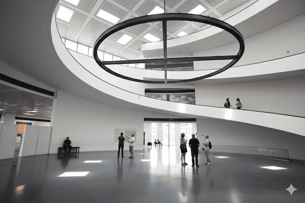 Thiết kế lối đi đường dốc xoắn ốc bên trong bảo tàng Hà Nội tạo thuận tiện cho việc di chuyển, tham quan các khu trưng bày theo từng chủ đề