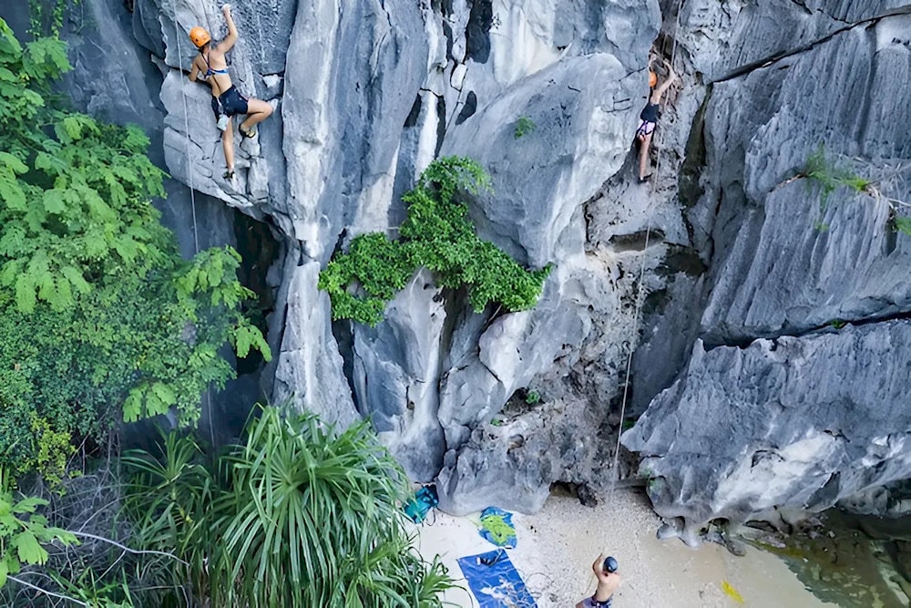 Rock climbers scale towering limestone cliffs near Moody Beach