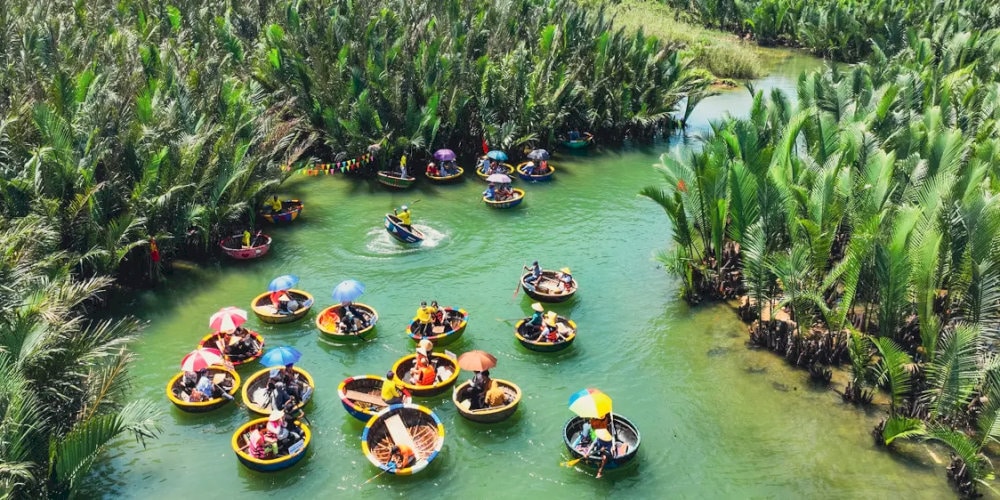 Tourists are enjoying activities such as riding in basket boats and listening to stories about the history and daily life of the local people