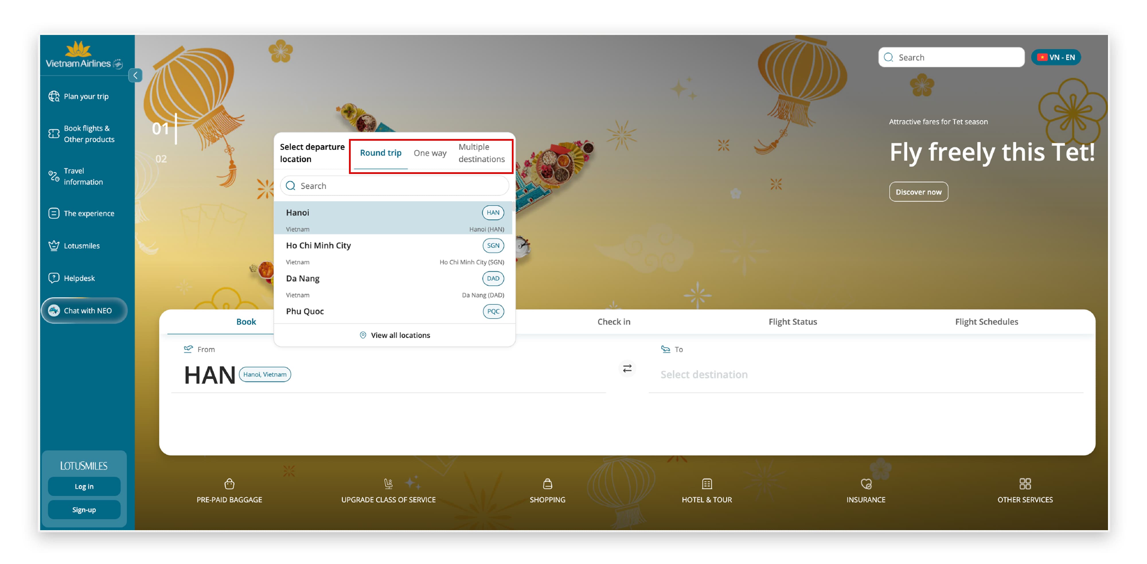 Hướng dẫn đặt vé trên web bước 1.